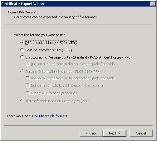 Certificate Export Wizard DER