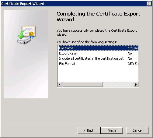 Certificate Export Wizard Finished