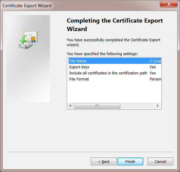 Windows 7 User Certificate Export Completed