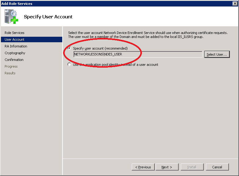 Windows Server 2008 NDES Selected User Account