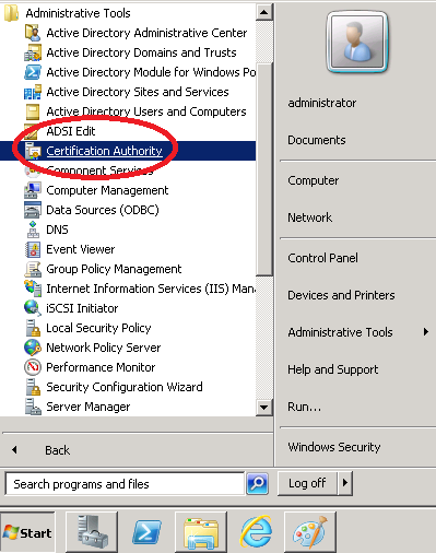 Windows Server 2008 Start Menu Certificate Authority