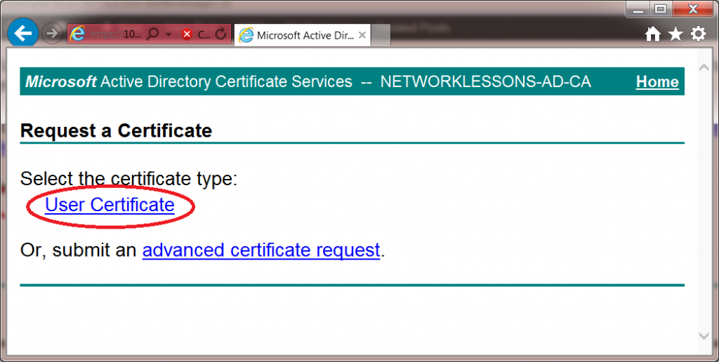 Windows 7 CertSRV User Certificate