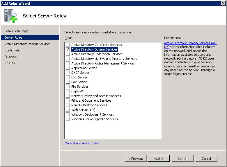 Windows Server 2008 Add Roles Wizard AD Selected