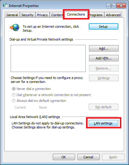 Windows 7 Internet Options LAN Settings