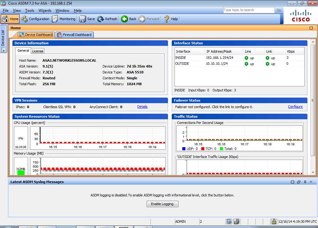 Cisco ASA ASDM Main Screen