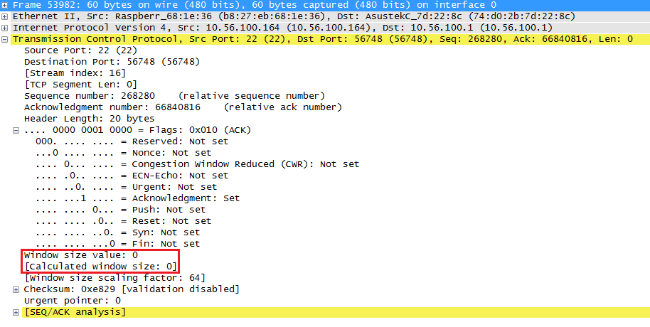 Wireshark Capture TCP Window Zero Packet