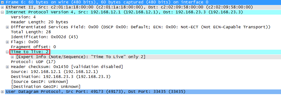Wireshark capture traceroute UDP Probe TTL Two