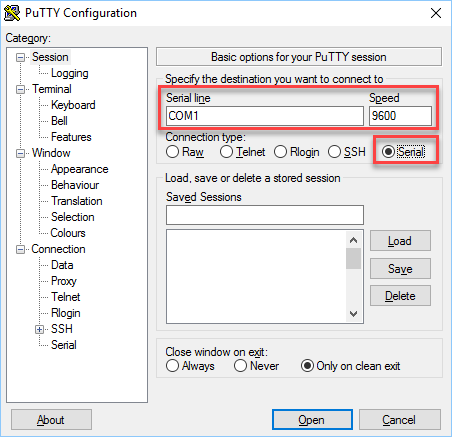putty serial console options