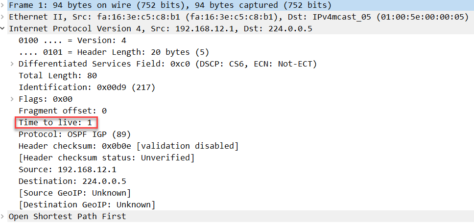 ospf packets ttl 1