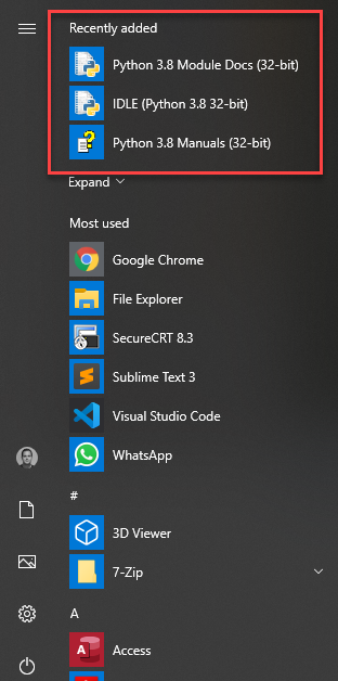 Python Windows 10 Start Menu