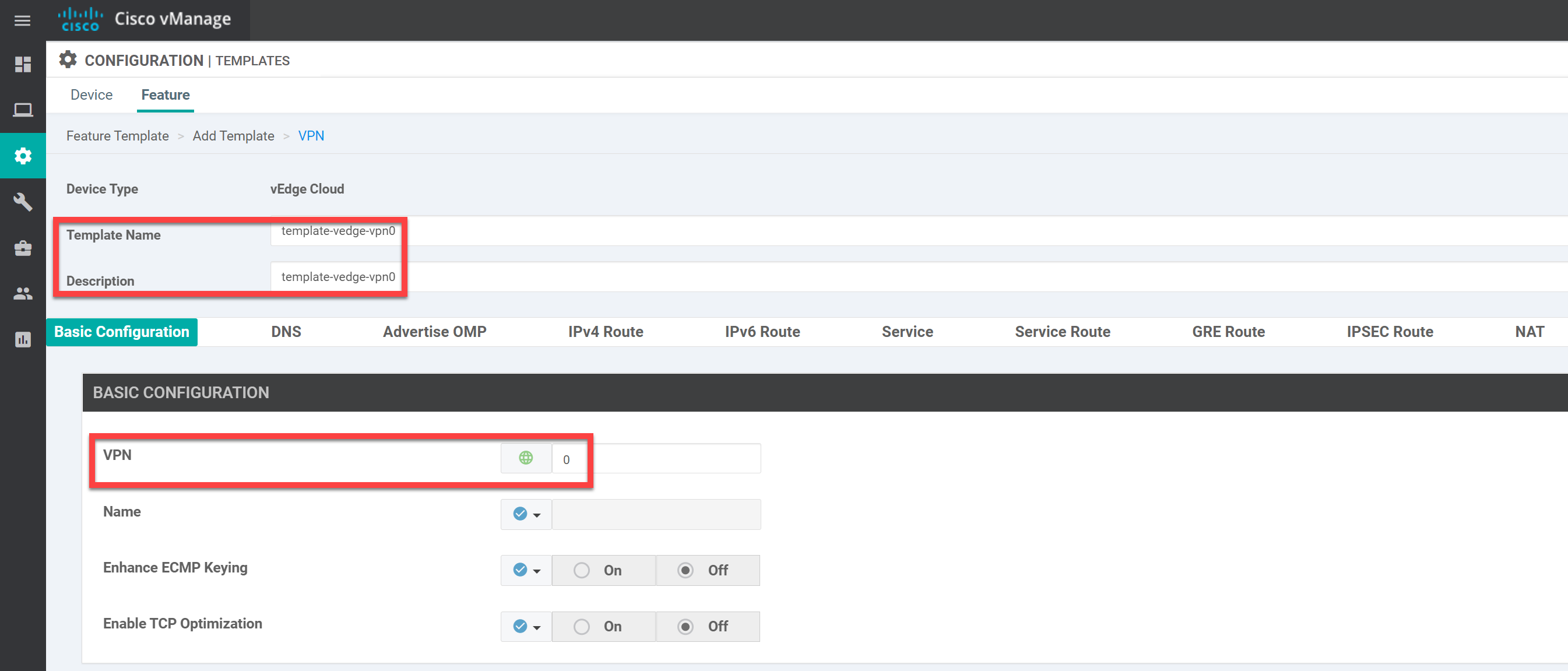 Cisco Sd Wan Add Feature Template Vpn0 Basic