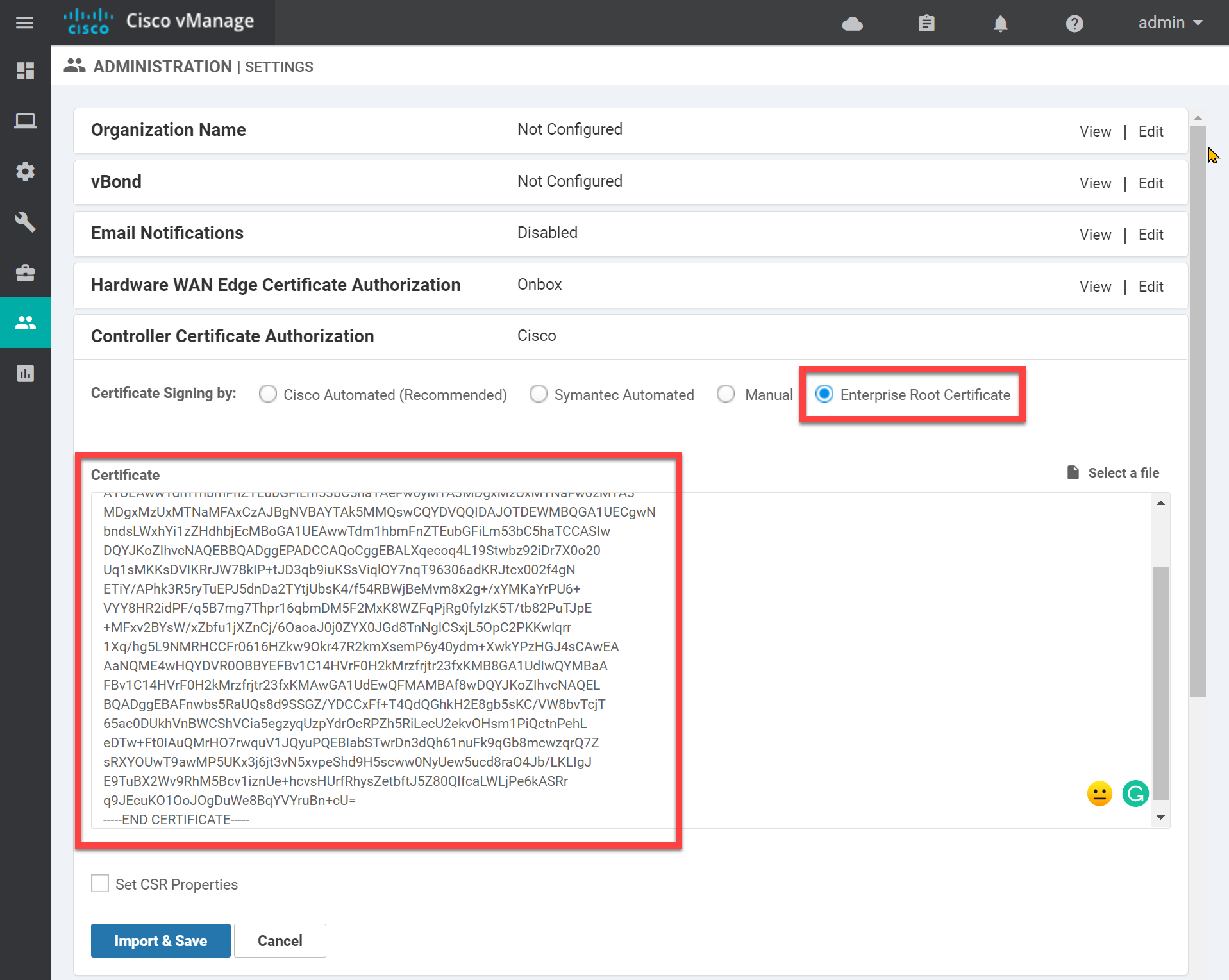 Cisco Sd Wan Viptela Vmanage Administration Settings Controller Certificate Authorization Ca