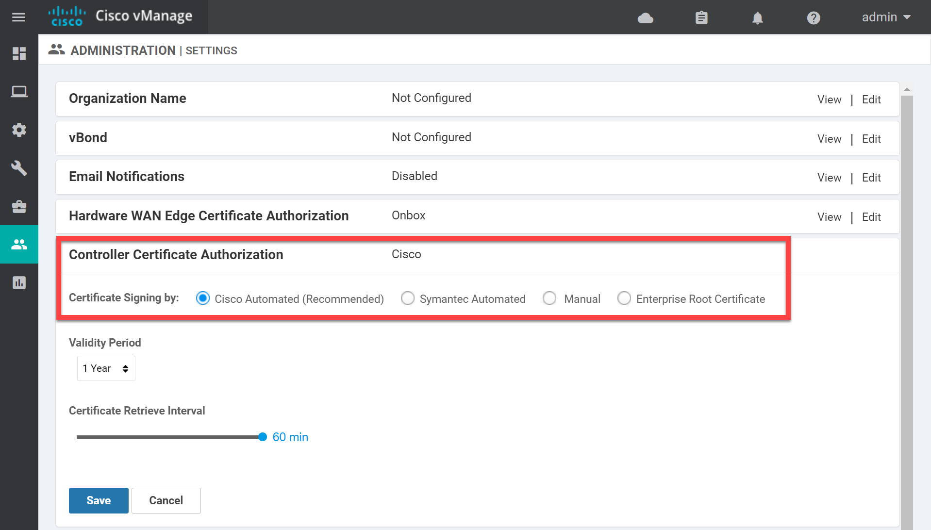Cisco Sd Wan Viptela Vmanage Administration Settings Controller Certificate Authorization