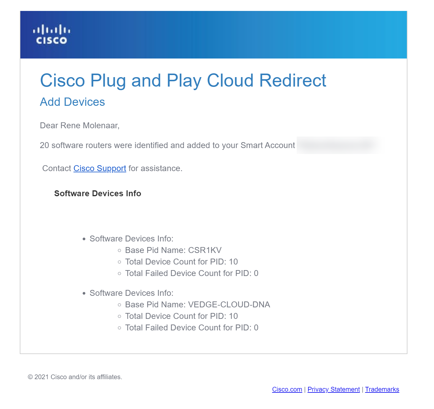 Cisco Software Central Plug Play Devices Email
