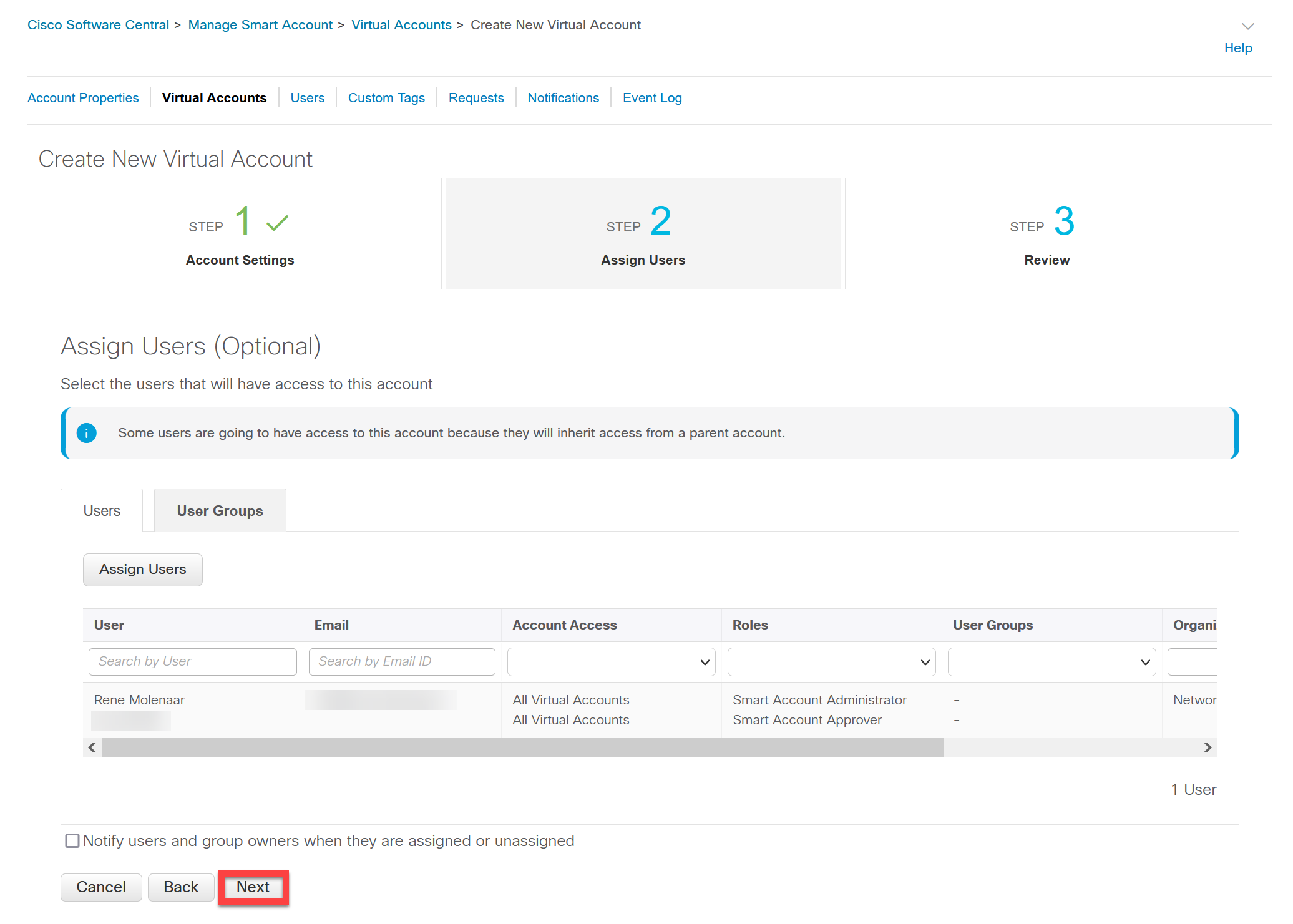 Cisco Website Virtual Accounts Create Settings User