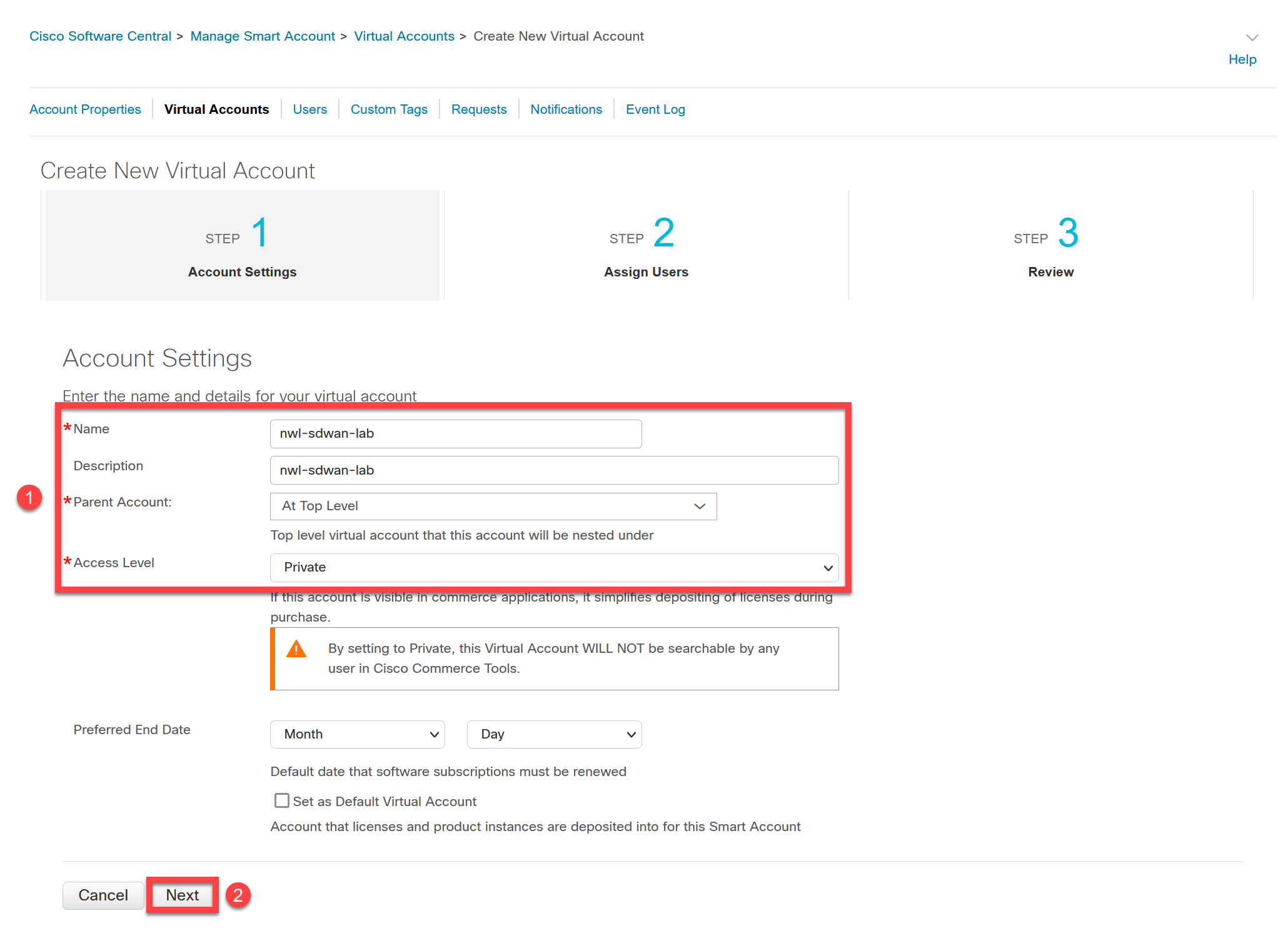 Cisco Website Virtual Accounts Create Settings